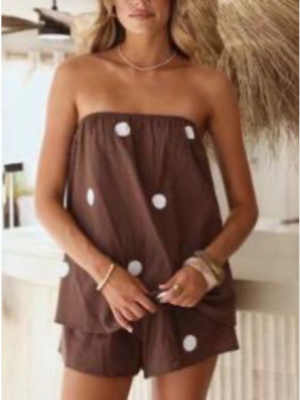 Brown Strapless Polka Dot Shorts & Top Set NWT Large